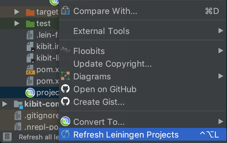 Refreshing Leiningen via right clicking on project.clj